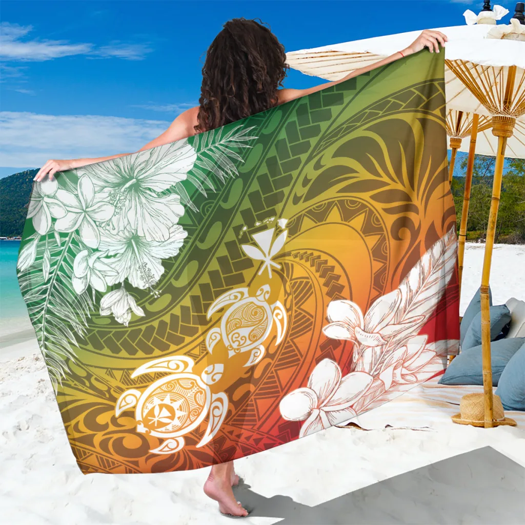 White Kanaka Maoli Hawaii Flag Frangipani Tribal Print Sarong Beach Wrap Pareo Wholesale - main view