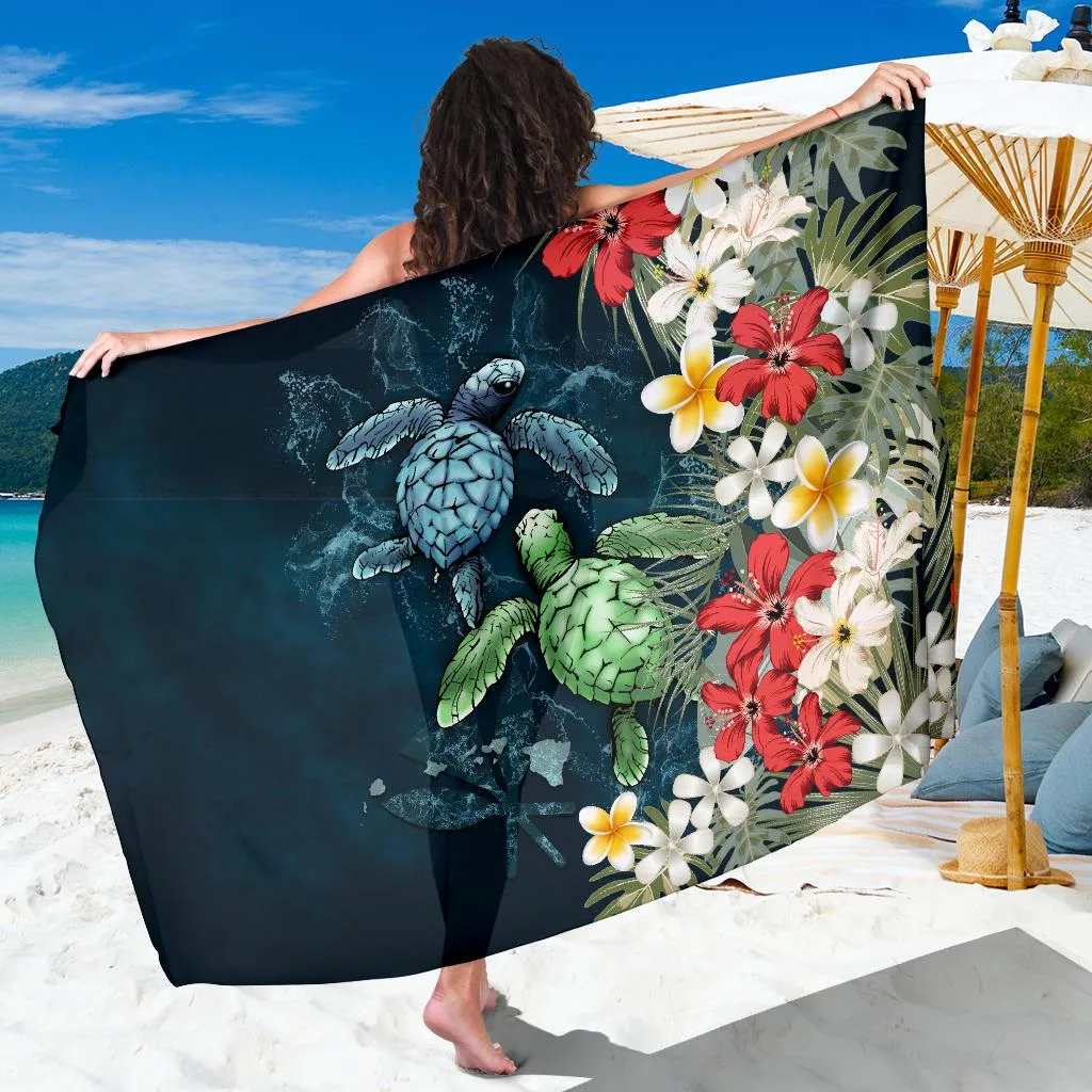 White Kanaka Maoli Hawaiian Sarong with Sea Turtle Hibiscus & Plumeria Print Tropical Beach Wrap Wholesale Pareo - main view