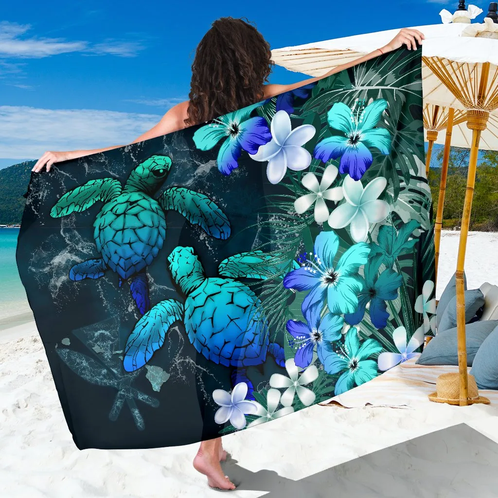 Kanaka Maoli Hawaiian Sarong Beach Wrap – Tropical Sea Turtle Hibiscus Plumeria Blue Rayon Pareo Custom - main view