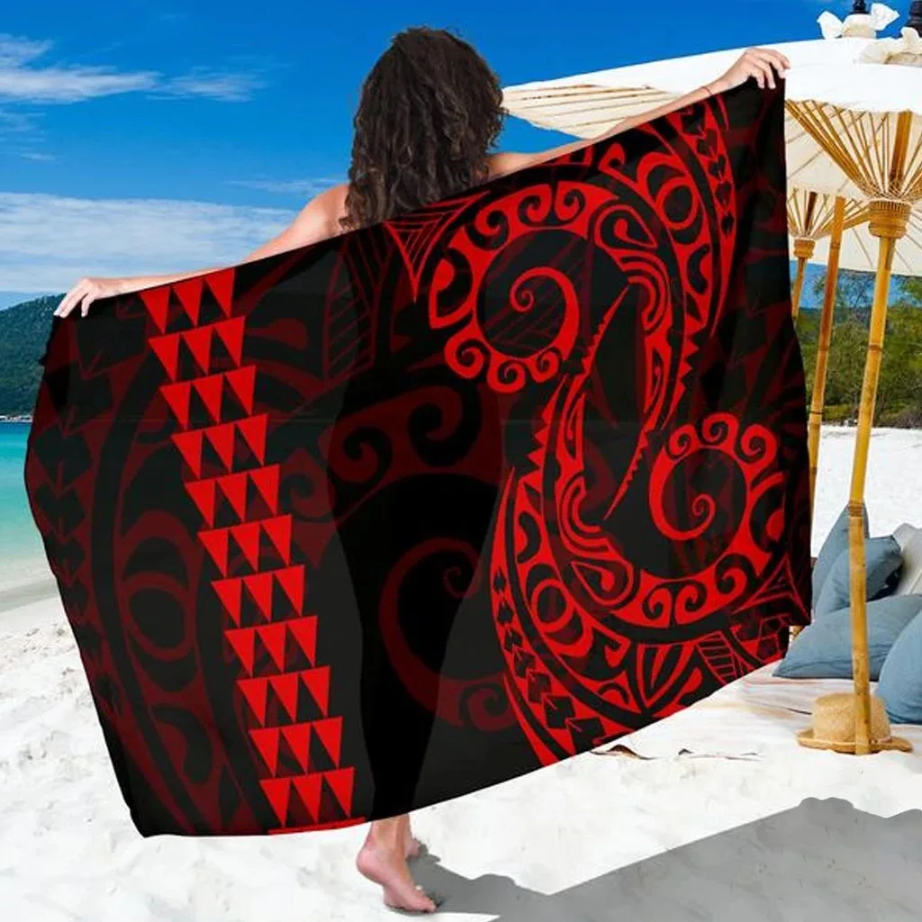 Red Kanaka Map Polynesian Tribal Hibiscus Print Sarong Beach Wrap Tropical Island Resort Wholesale Pareo - main view
