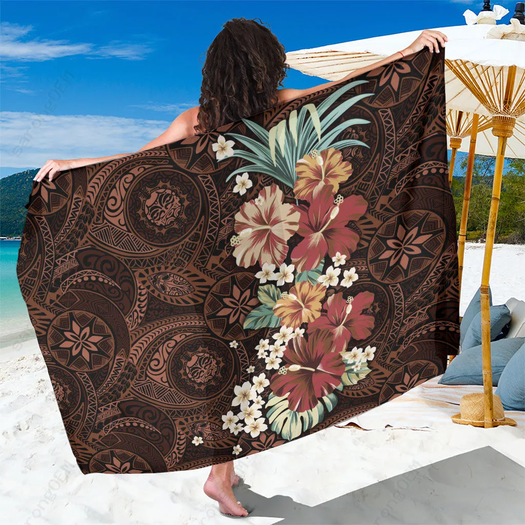 Black Hibiscus Floral Polynesian Tribal Tattoo Print Sarong Hawaii Beach Wrap Wholesale Pareo - main view