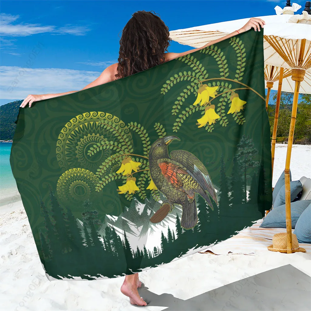 Kea Bird Kowhai Gold Mountain Maori Art Print Sarong South Pacific Beach Wrap Cover Up Wholesale Pareo - main view