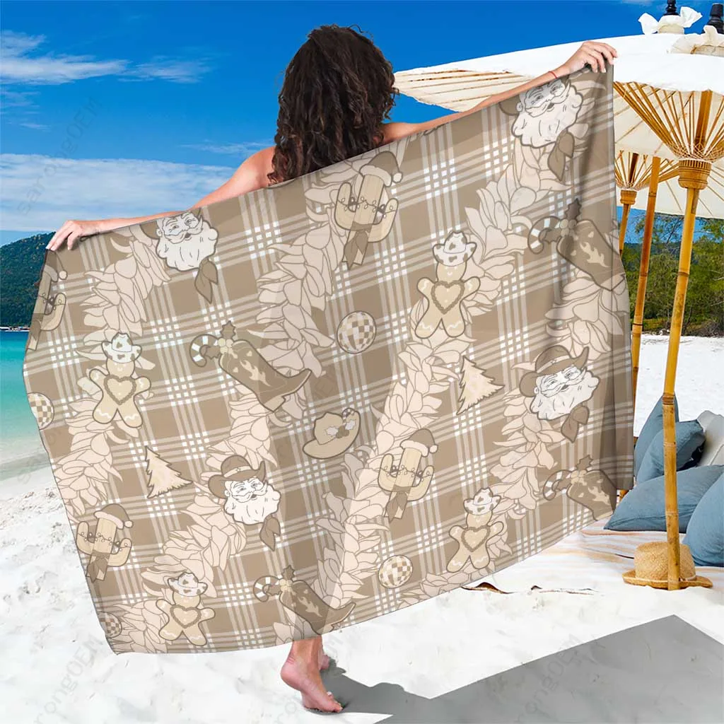 Khaki Palapa Hawaii Cowboy Christmas Sarong Paniolo Mix Maile Lei Print Beach Wrap Wholesale Pareo - main view
