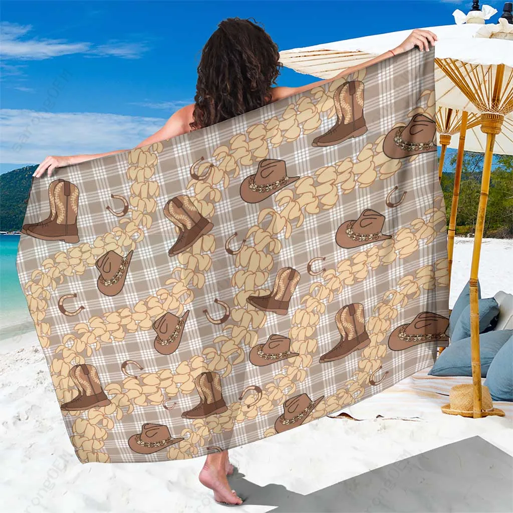 Khaki Plaid Hawaii Cowboy Paniolo Print Sarong Tropical Island Beach Wrap Wholesale Pareo - main view