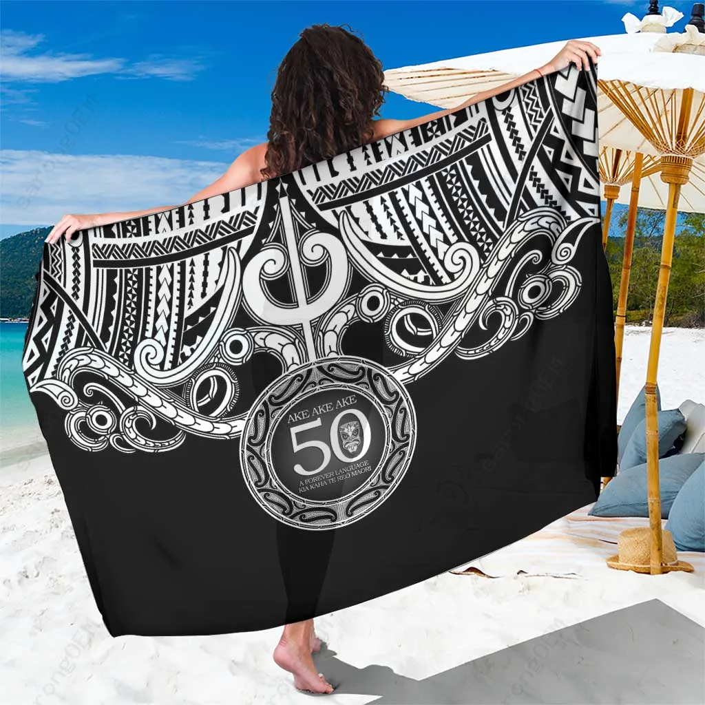 Black Maori Letter Print Sarong New Zealand 50th Anniversary Beach Wrap Polynesian Style Cover Up Wholesale Pareo - main view