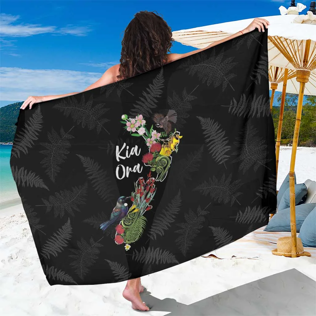 Black Floral Hibiscus Frangipani Print Sarong Polynesian Tropical Beach Wrap Pareo Wholesale - main view