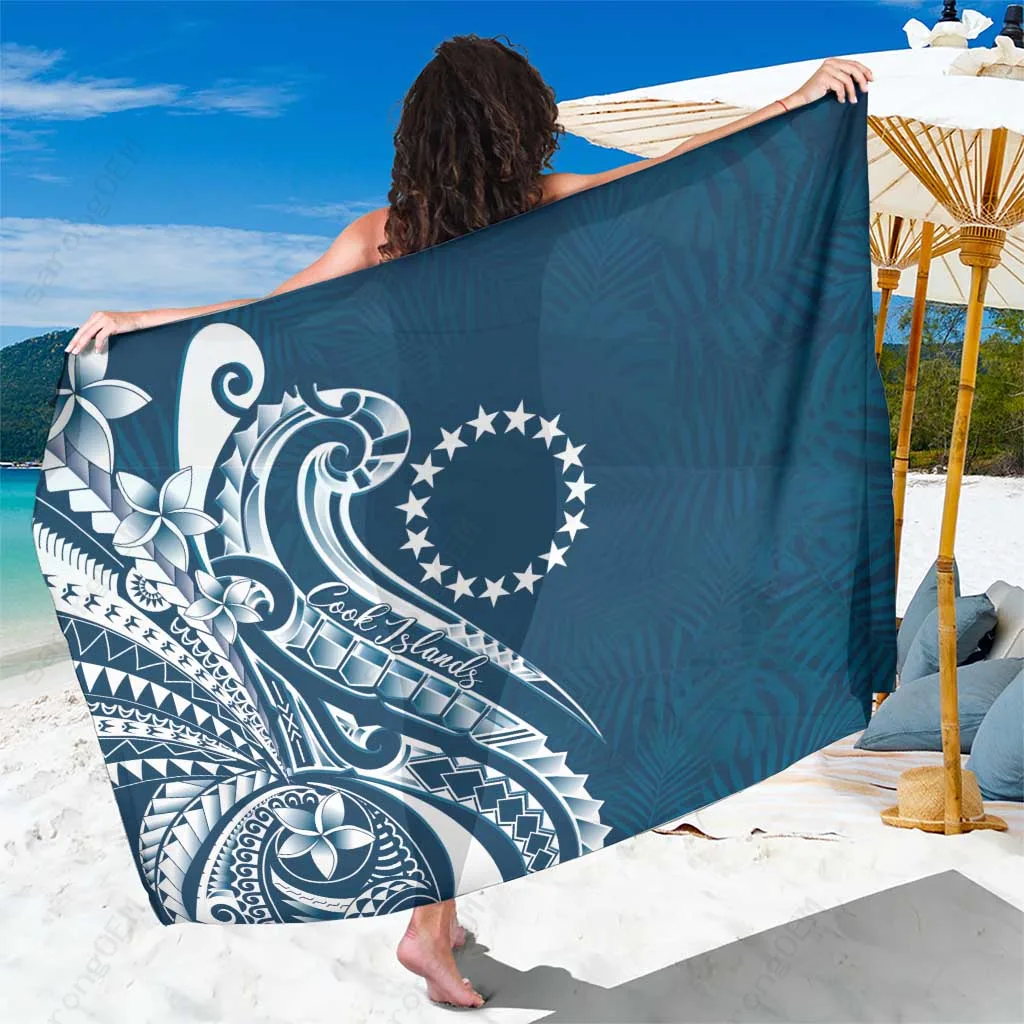 White Plumeria Tropical Waves Print Sarong Polynesian Style Beach Wrap Pareo for Resort Wholesale - related
