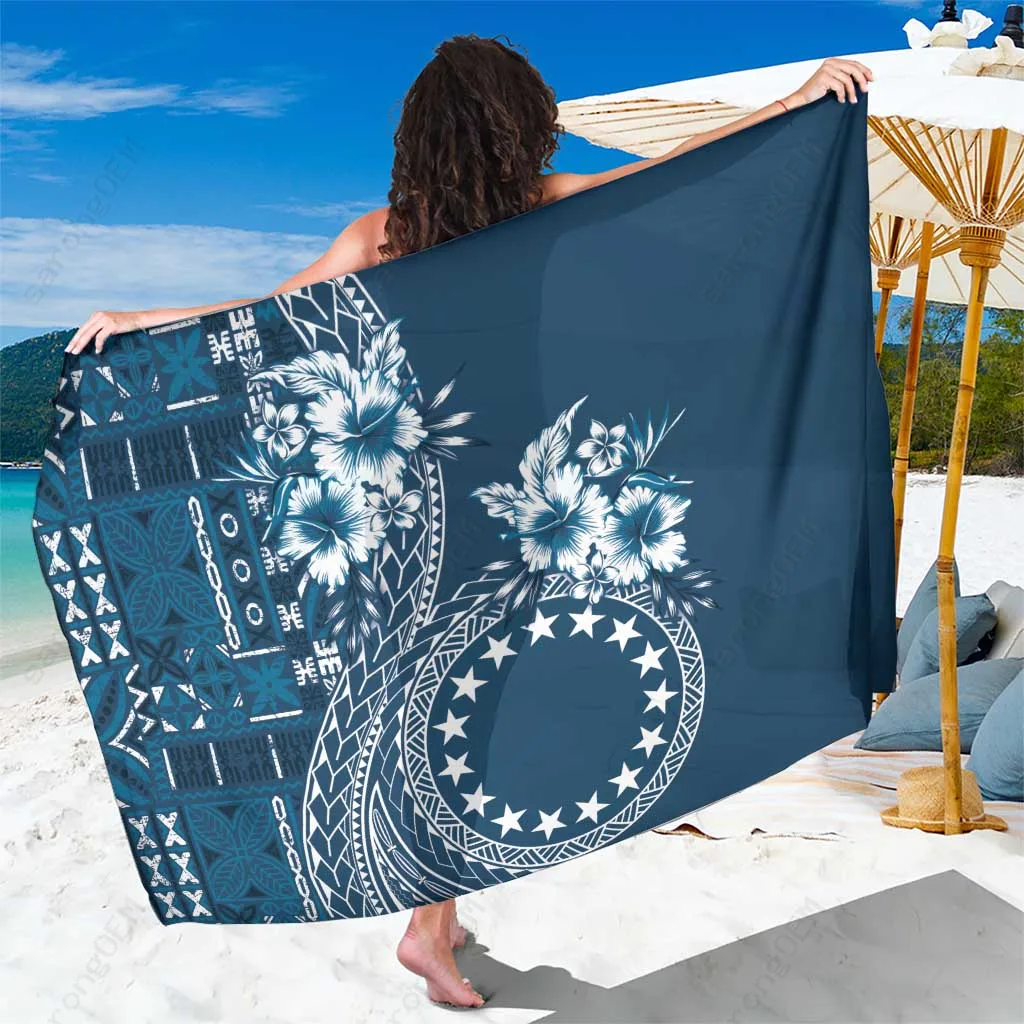 Navy Blue Tiare & Stars Print Sarong Polynesian Beach Wrap for Resort Hotel Wholesale Pareo - main view