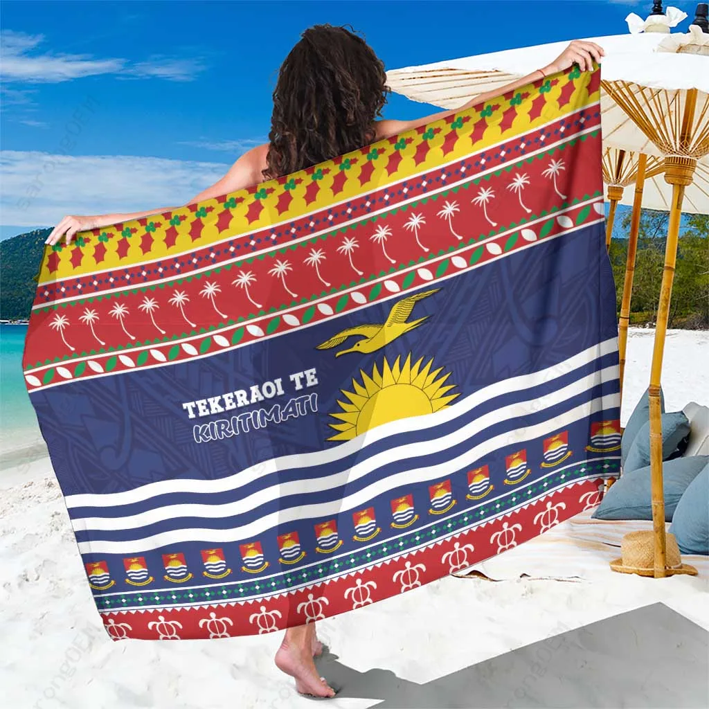 Red Christmas Sarong with Coat of Arms Tekeraoi Te Kirimati Print South Pacific Island Beach Wrap Wholesale Pareo - main view