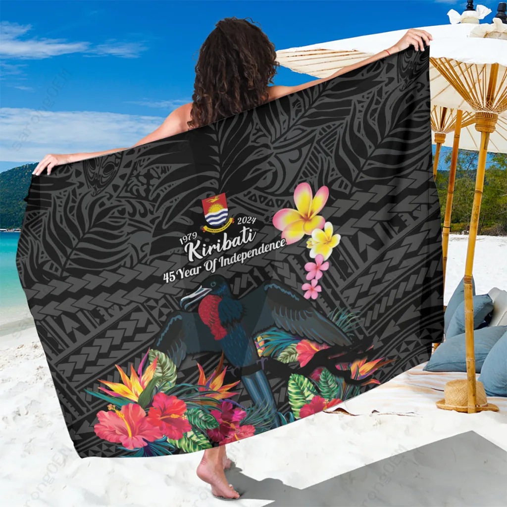 Black Tropical Floral Frigatebird Print Sarong Kiribati Style Beach Wrap Cover Up Wholesale Pareo - main view