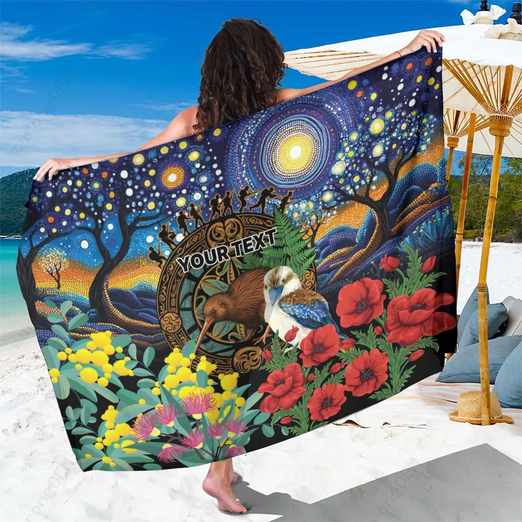 Gold Anzac Poppy Kiwi Bird Floral Print Sarong South Pacific Beach Wrap Pareo Wholesale - main view