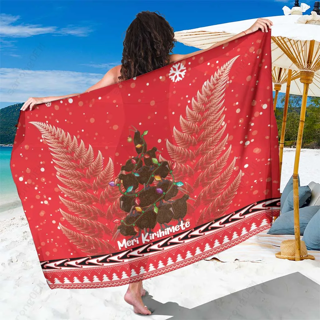 Red Silver Fern Christmas Sarong Meri Kirihimete Polynesian Beach Wrap Cover Up Wholesale Pareo - main view