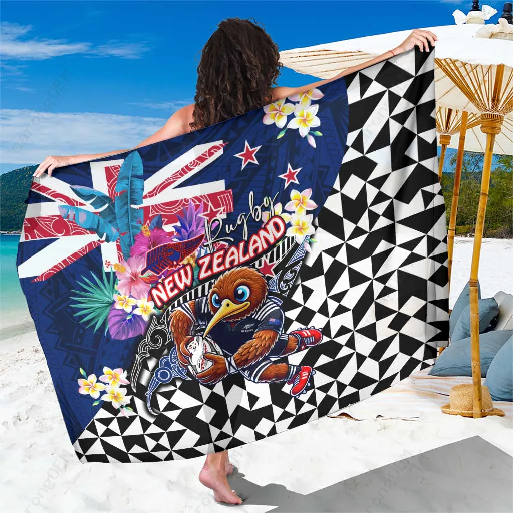 White Kiwi New Zealand Rugby Mascot Tropical Pattern Print Sarong South Pacific Beach Wrap Wholesale Pareo - main view