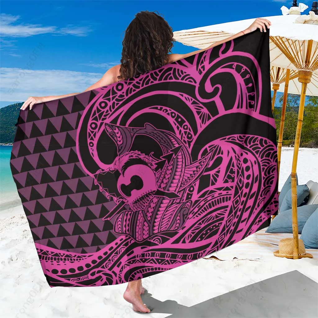 Pink Kakau Warrior Helmet Shark Print Sarong Polynesian Island Beach Wrap Wholesale Pareo - main view