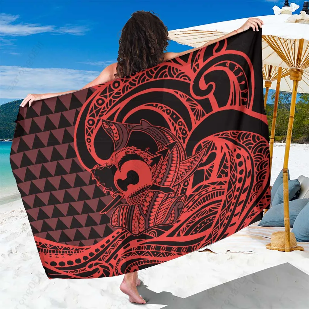 Red Koa Ikaika Warrior Helmet Shark Print Sarong Polynesian Tribal Beach Wrap Pareo Wholesale - main view