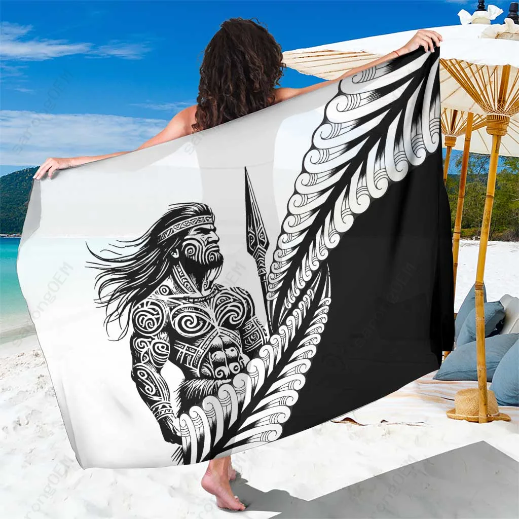 Navy Maori Tribal Koru Fern Silver Print Sarong Polynesian Beach Wrap Cover Up for Resort Wholesale Pareo