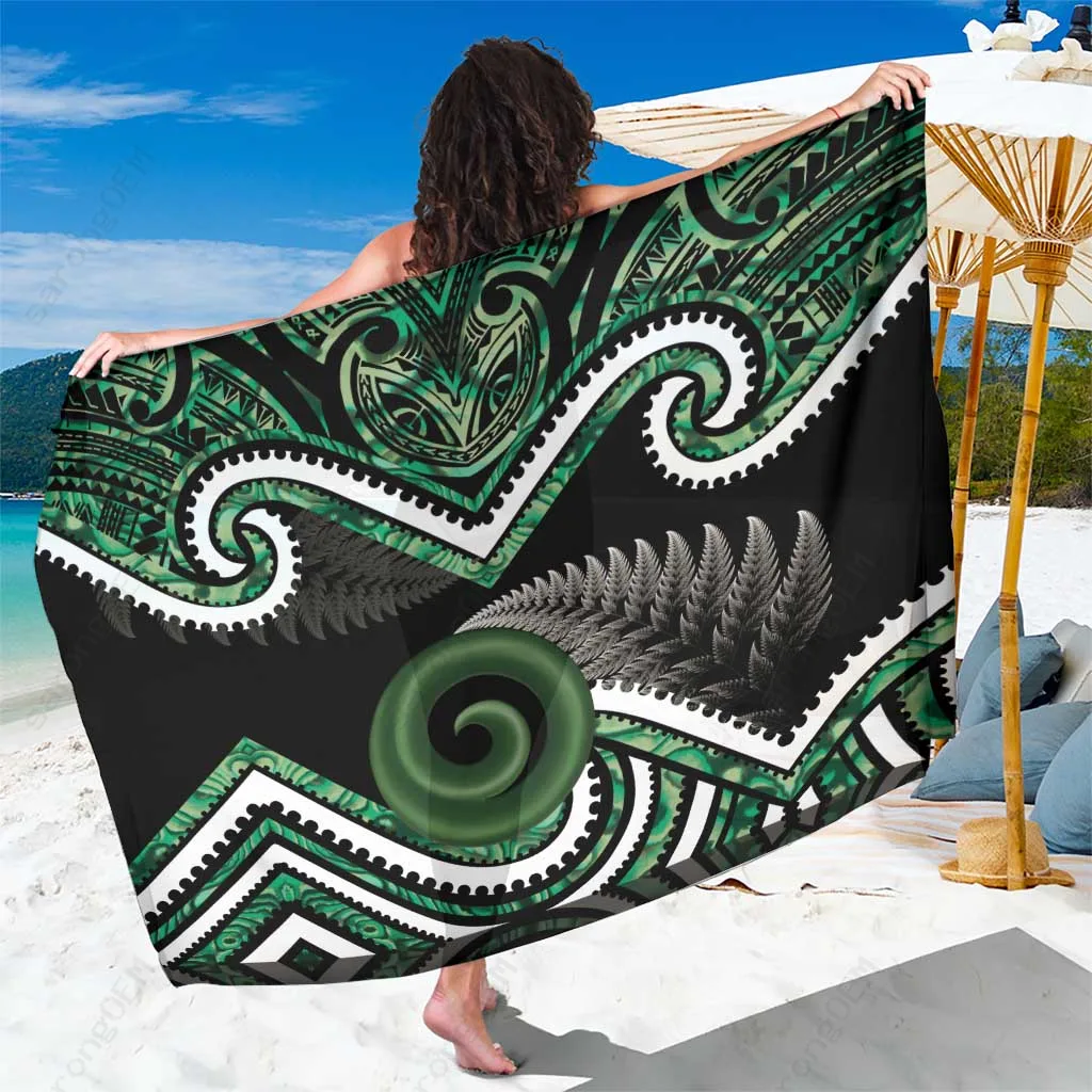 Silver Koru Pounamu Paua Shell Maori Fern Print Sarong Beach Wrap Wholesale Pareo - main view