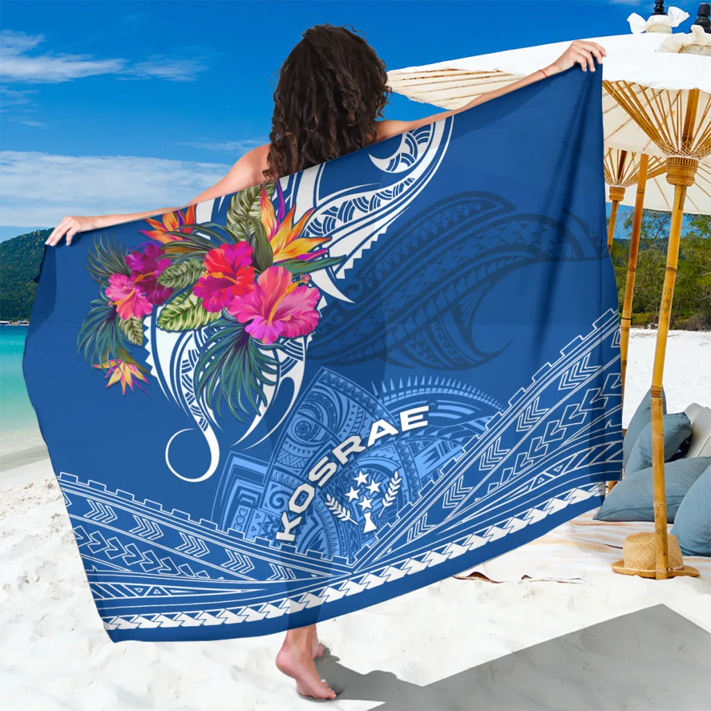 Classic Blue Hibiscus Tribal Print Sarong Polynesian Beach Wrap for Resort Hotel Wholesale Pareo - main view