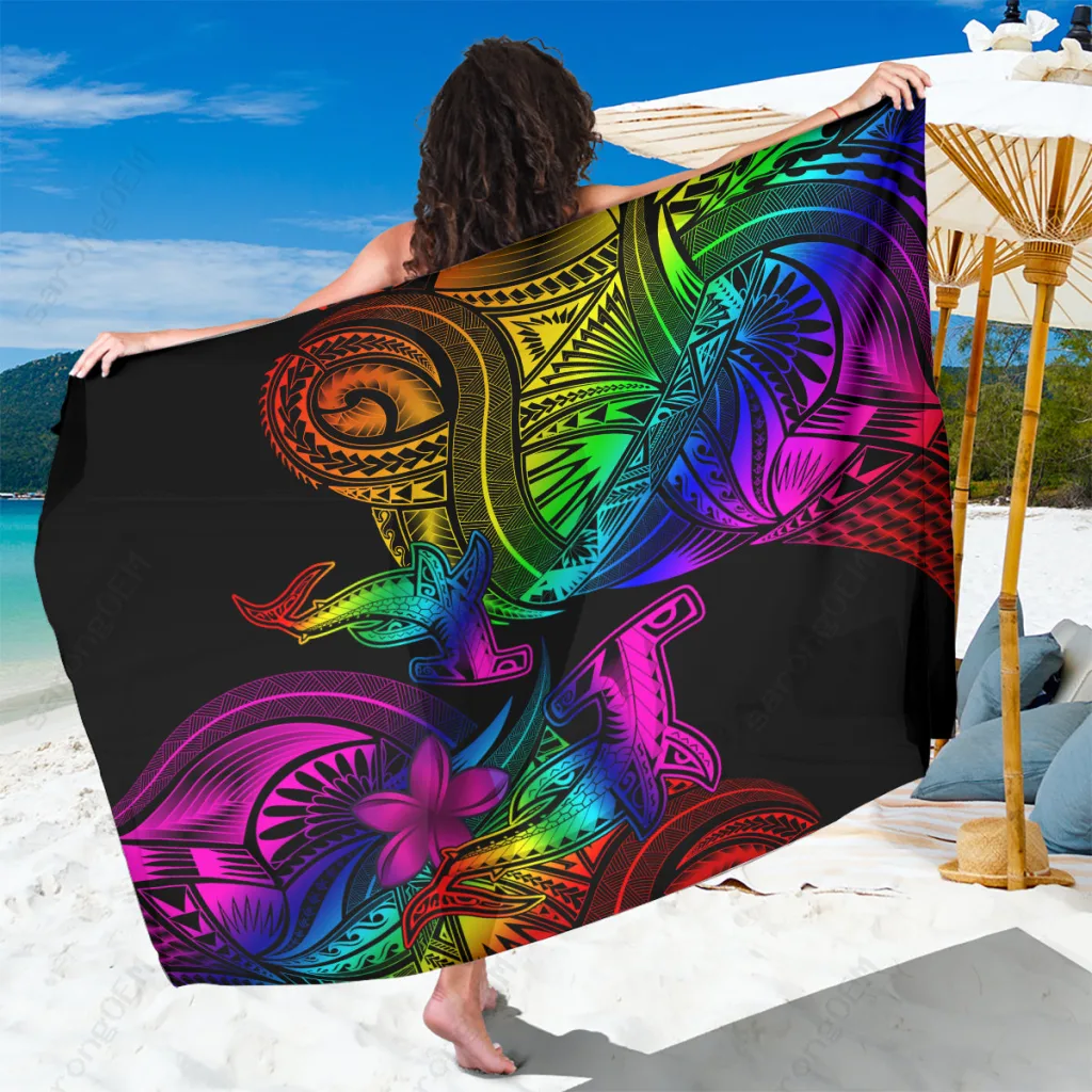 Black Polynesian Hammerhead Shark Tribal Print Sarong Beach Wrap Summer Island Resort Pareo Wholesale - main view