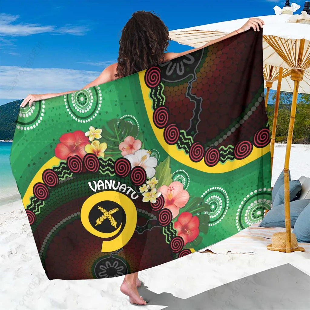 Tropical Floral Vanuatu Sarong with Tribal Hibiscus Print, South Pacific Beach Wrap for Resort Wear, Wholesale Pareo - main view