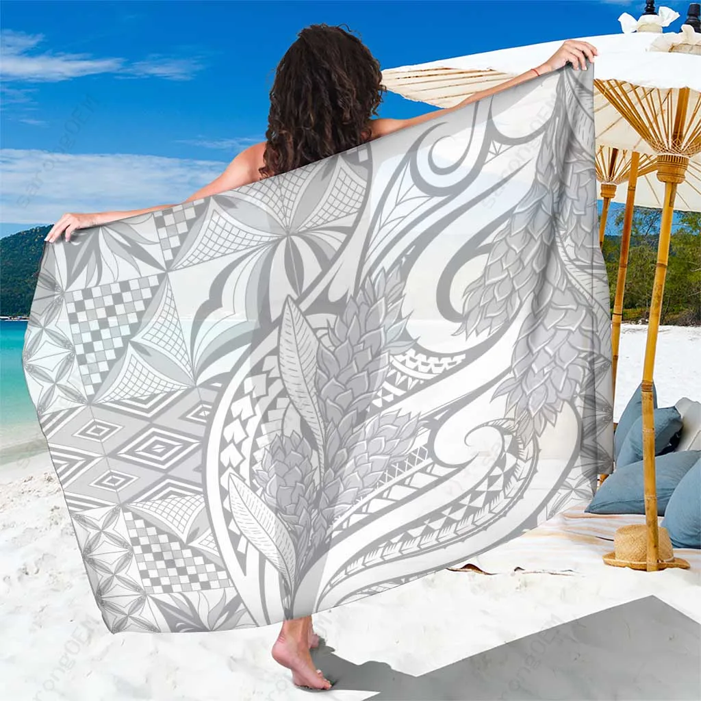 White Samoa Sun Siapo Sarong with Teuila Torch Ginger Print Polynesian Beach Wrap Wholesale Pareo
