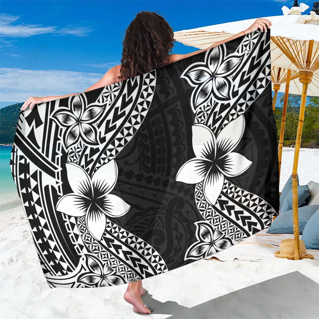 Black Plumeria Sun Print Sarong Polynesian Tropical Beach Wrap Pareo Summer Cover Up Wholesale - main view