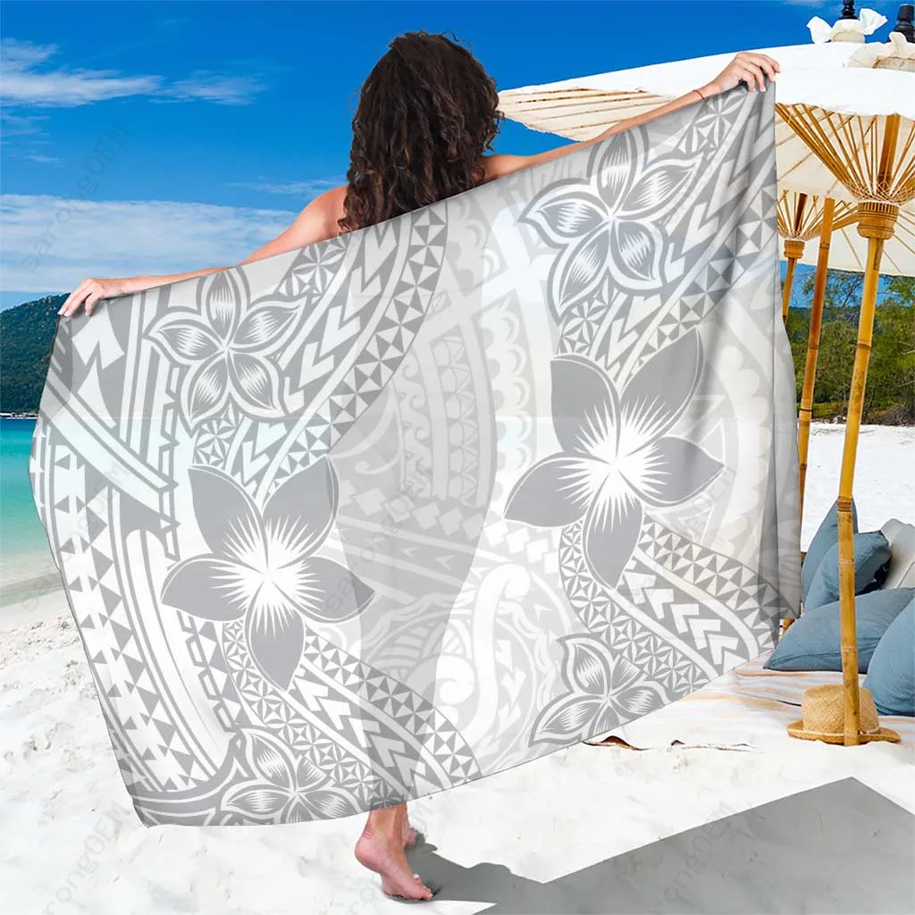 White Sunday Sarong with Plumeria Flowers Print Polynesian Beach Wrap Pareo Cover Up Wholesale - main view