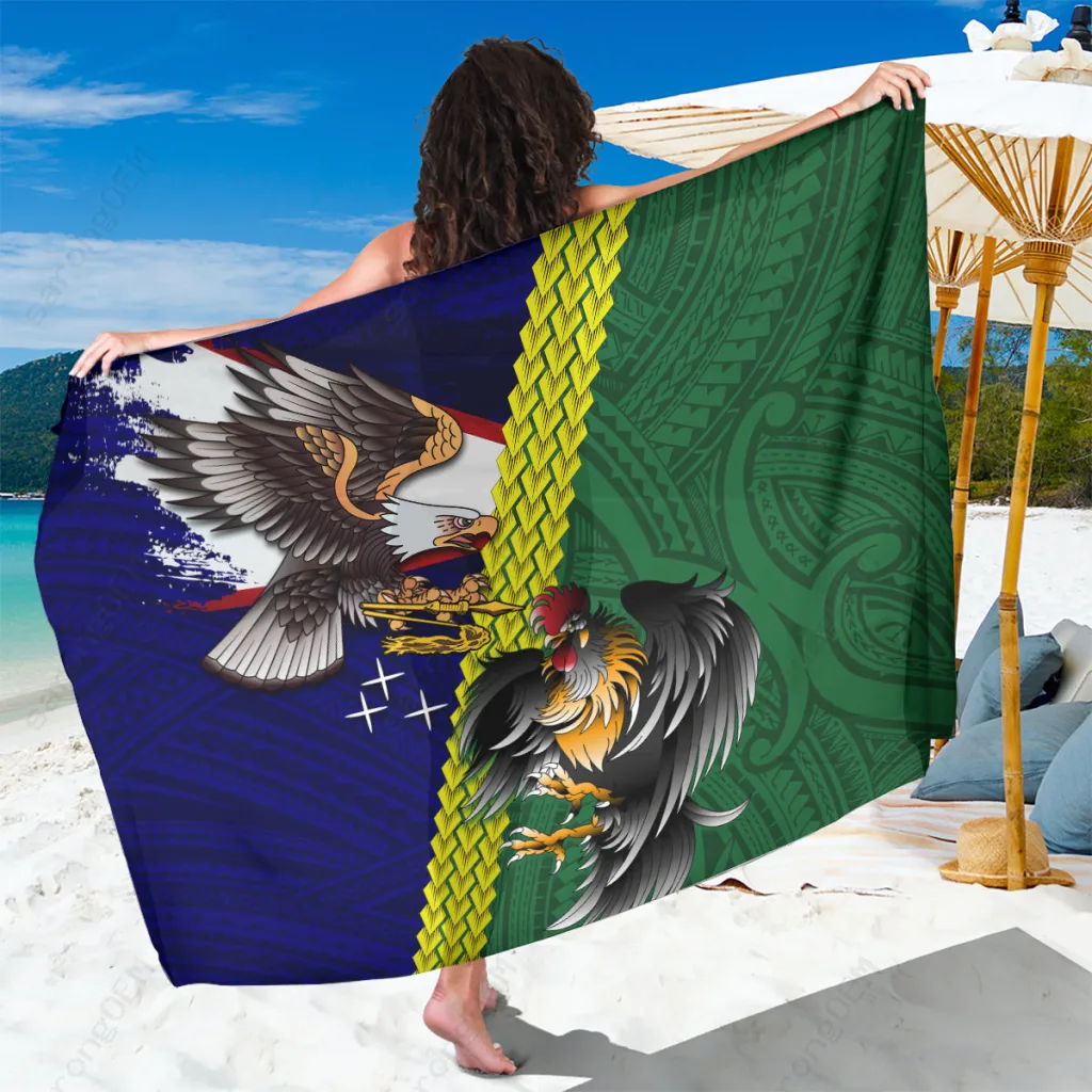 Cream White Rooster & Eagle Mascot Print Sarong Samoan Polynesian Beach Wrap Pareo Wholesale - main view