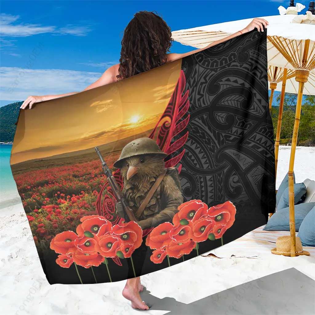 Black Maori Kiwi Soldier Fern Tattoo Anzac Day Print Sarong South Pacific Tribal Beach Wrap Wholesale Pareo - main view