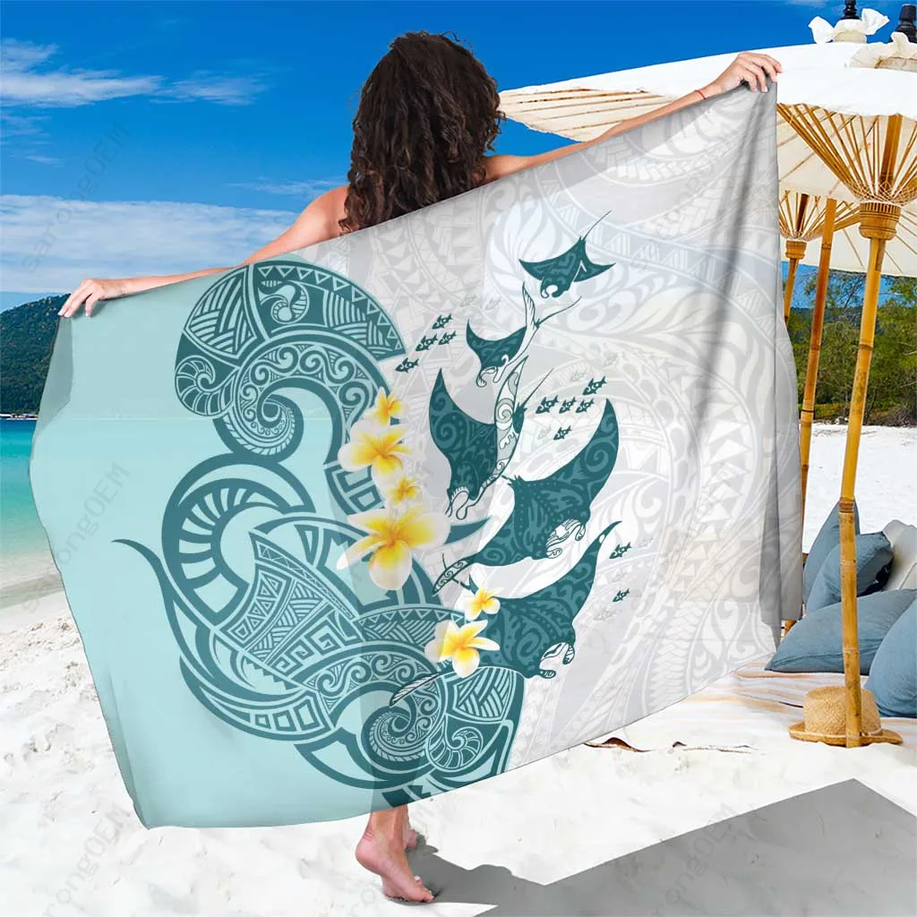 Teal Plumeria Maori Manta Ray Tribal Print Sarong Polynesian Beach Cover Up Wrap Wholesale Pareo - main view