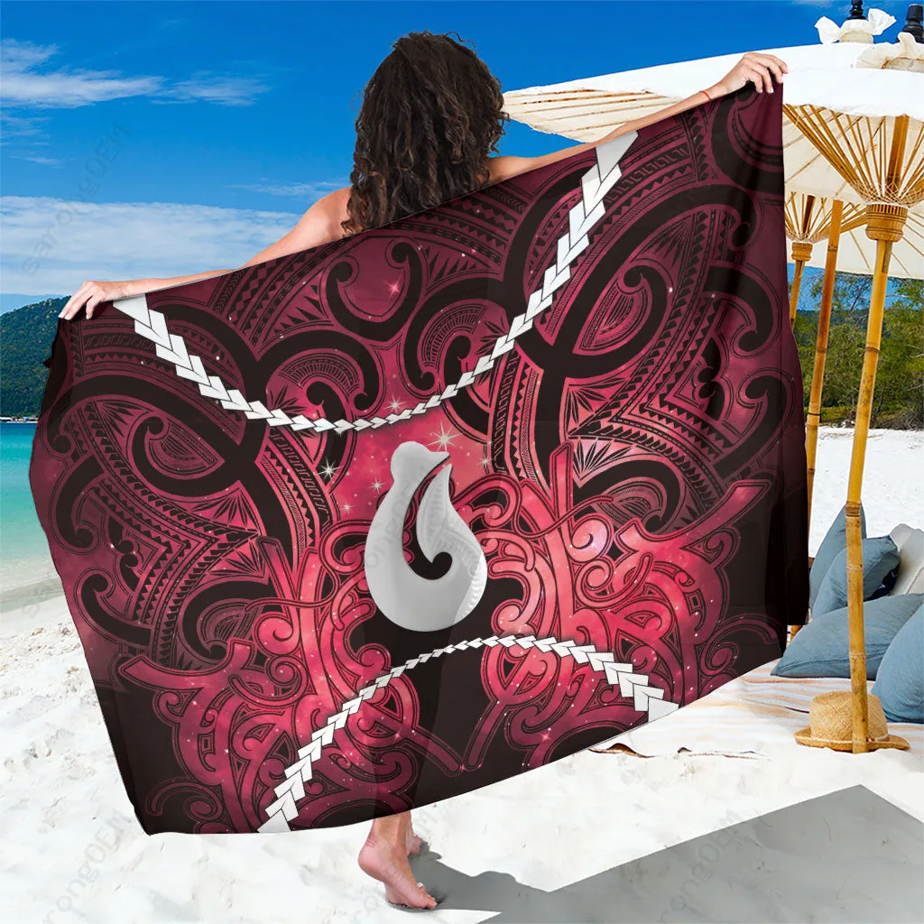 Red Maori Matariki Hei Matau Kowhaiwhai Print Sarong Polynesian Cultural Beach Wrap Wholesale Pareo - main view