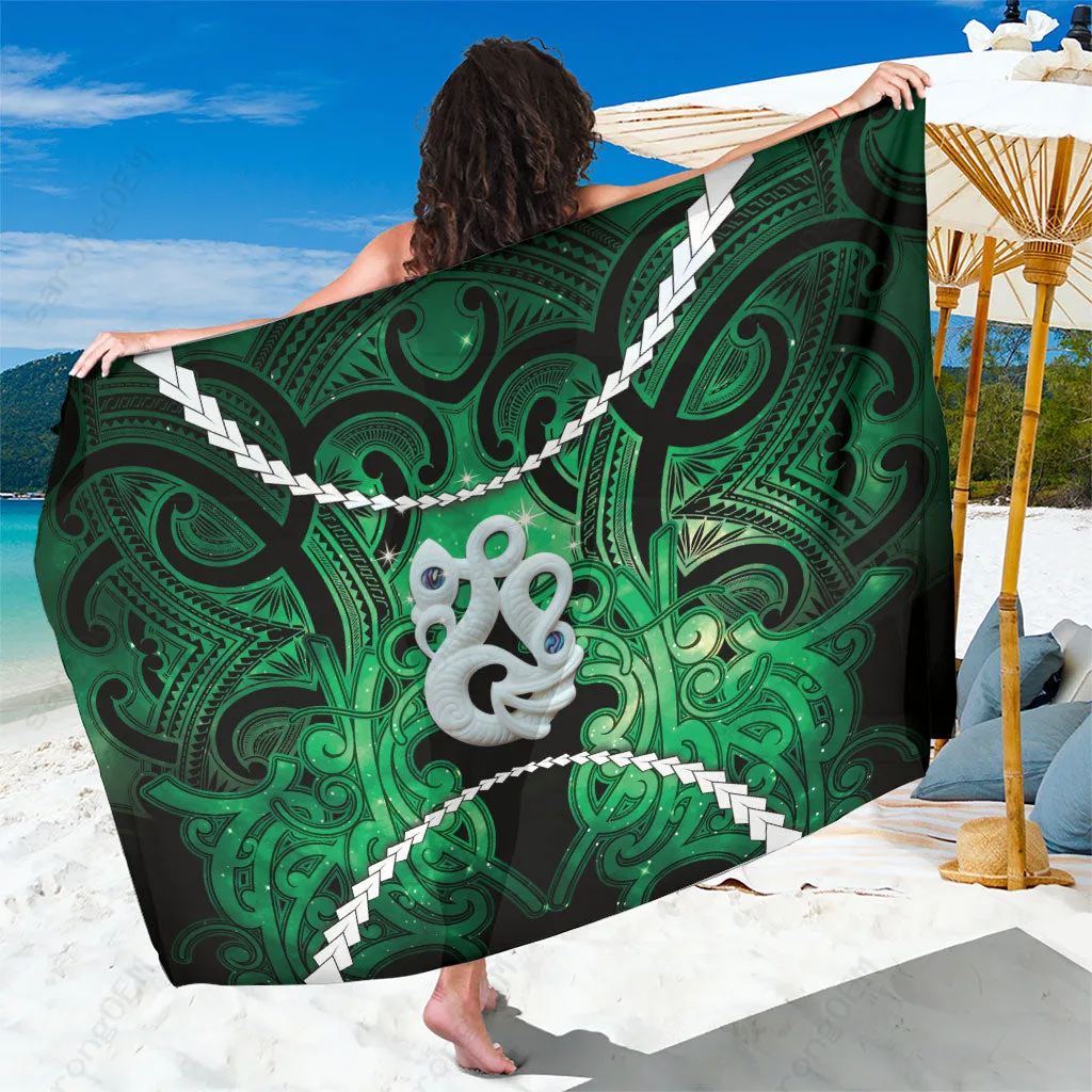 Black Green Maori Matariki Manaia Kowhaiwhai Galaxy Print Sarong Polynesian Beach Wrap Cover Up Wholesale Pareo - related