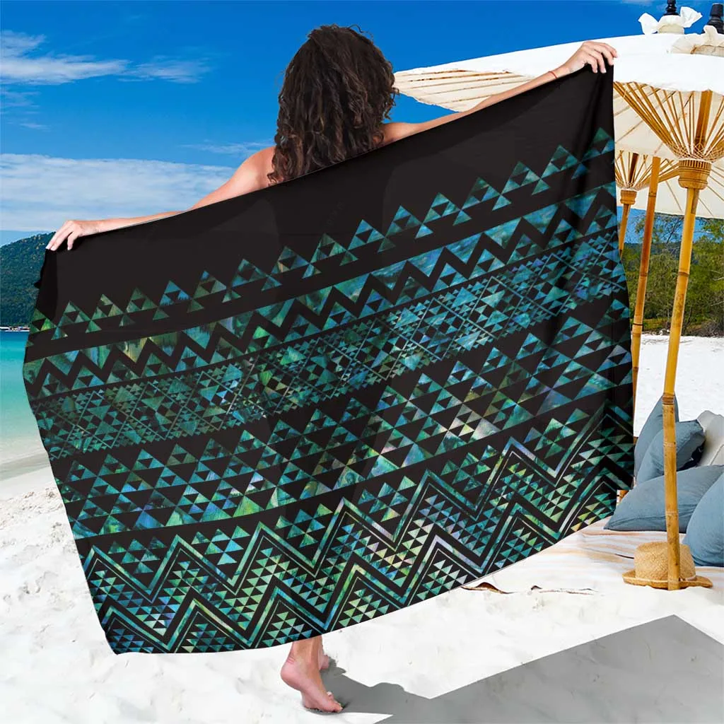 Black Maori Niho Taniwha Paua Shell Wave Print Sarong South Pacific Island Beach Wrap Wholesale Pareo - main view