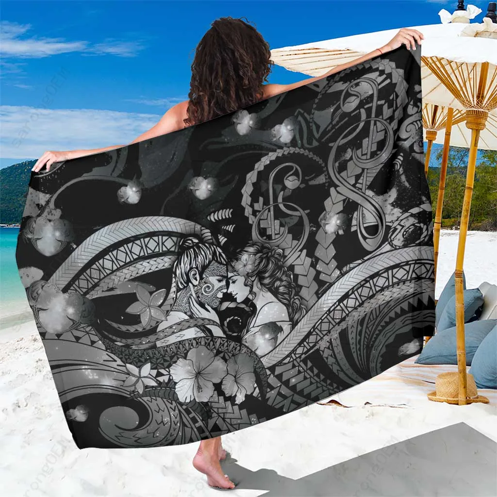 Black Galaxy Maori Romantic Kiss Tattoo Print Sarong Polynesian Beach Wrap Cover Up Wholesale Pareo - main view