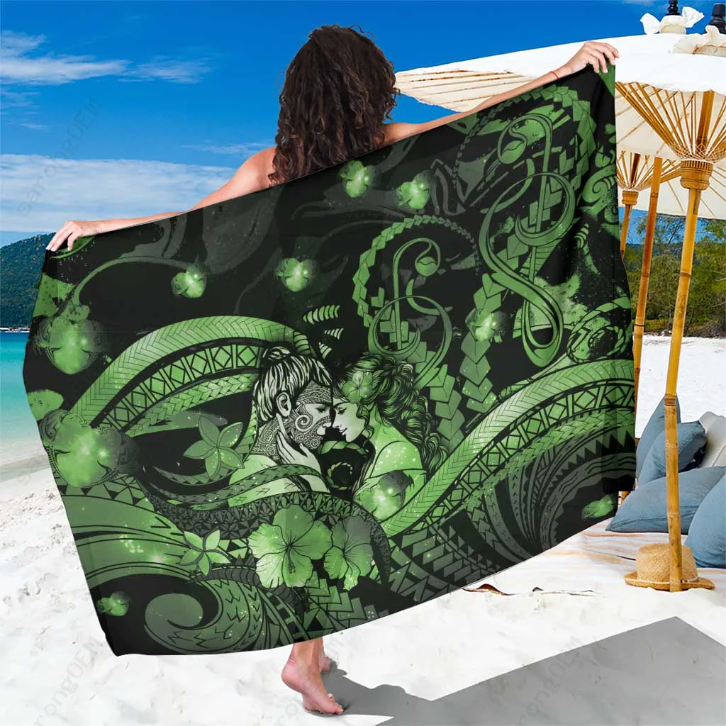 Green Galaxy Maori Romantic Valentine Hongi Kiss Print Sarong Beach Wrap Polynesian Island Resort Cover Up Wholesale - main view