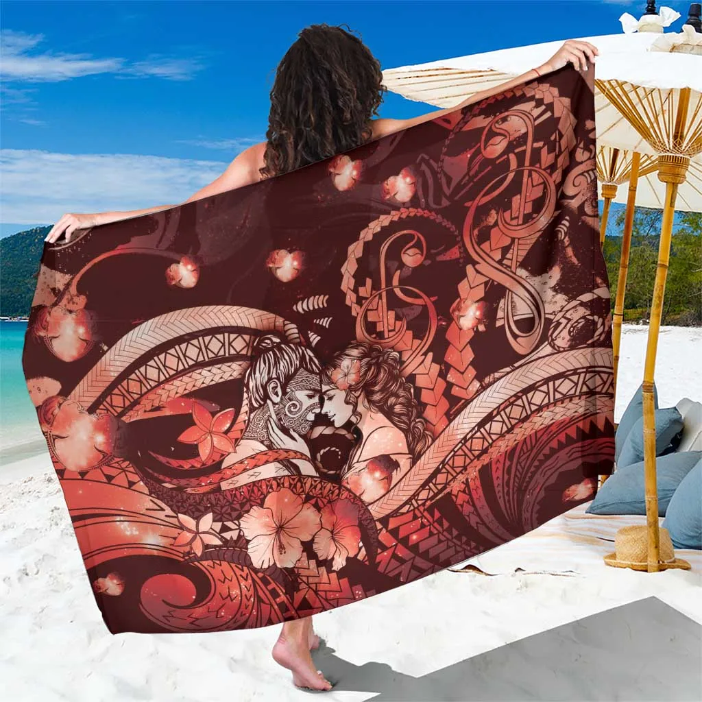 Red Maori Romantic Valentine Sarong with Hongi Kiss and Galaxy Print, Polynesian Beach Wrap for Resort Wholesale Pareo - main view