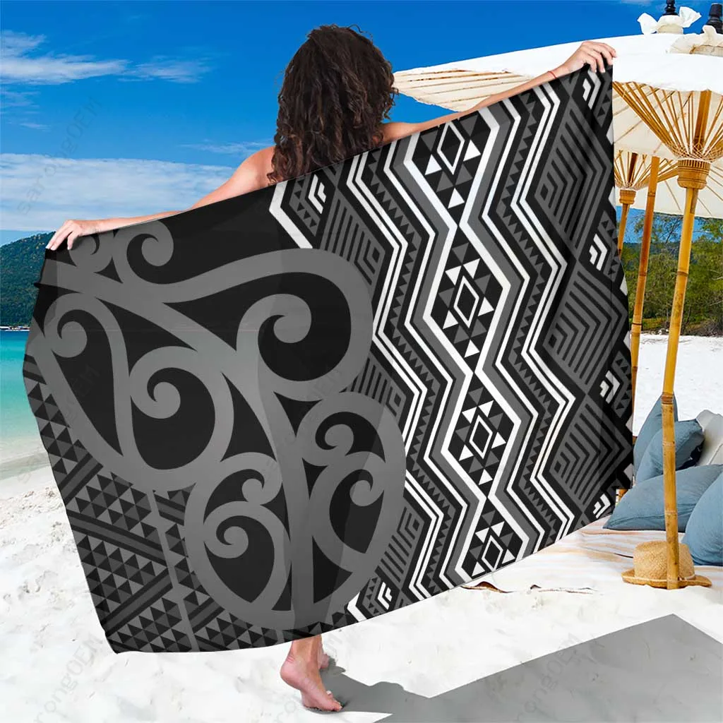 Black Maori Taniko Patiki Motifs Whakairo Ngaru Print Sarong Polynesian Beach Wrap Wholesale Pareo - main view