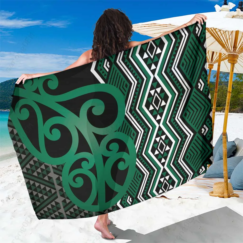 Black Maori Taniko Patterns Sarong with Pounamu Patiki Motifs Mix Whakairo Ngaru Polynesian Beach Wrap Wholesale Pareo - main view