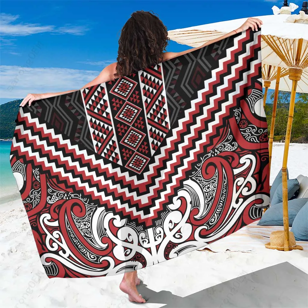 Red Maori Tukutuku Taniko Poutama Kowhaiwhai Print Sarong Polynesian Beach Wrap Wholesale Pareo - main view