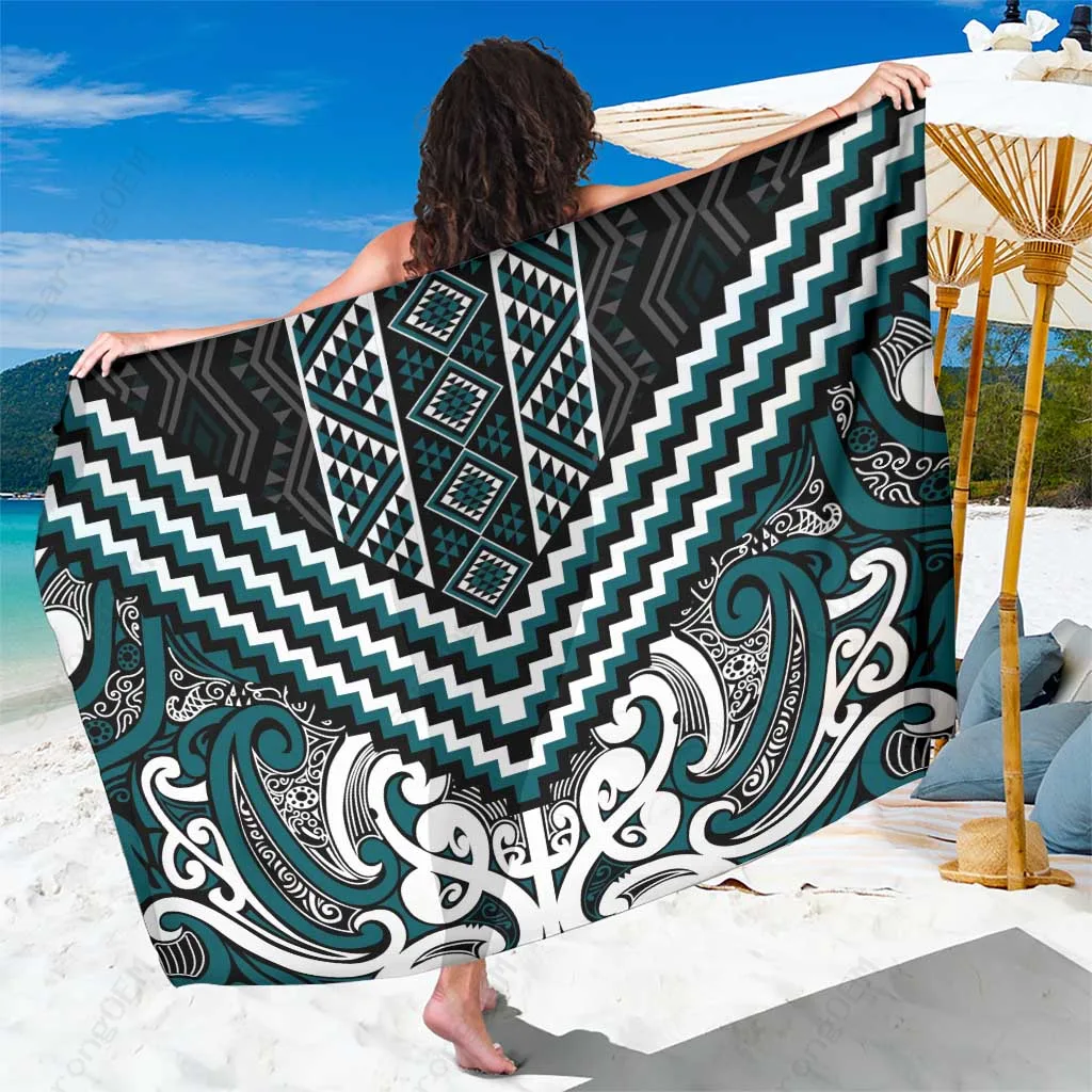 Teal Maori Tukutuku Taniko Poutama Kowhaiwhai Motifs Print Sarong South Pacific Tropical Beach Wrap Wholesale Pareo - main view