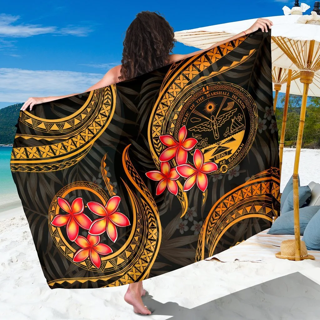 Gold Plumeria Tribal Print Sarong South Pacific Tropical Beach Wrap Pareo Cover Up Wholesale - main view