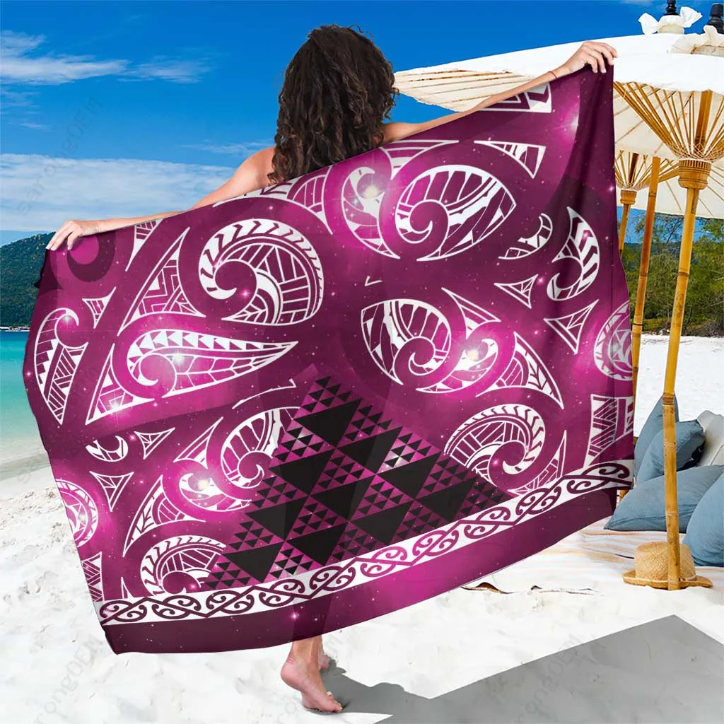 Pink Galaxy Maori Niho Taniwha Print Sarong Beach Wrap Polynesian Resort Cover Up Wholesale Pareo