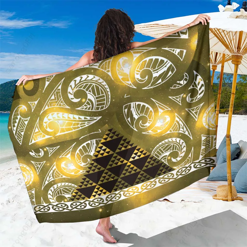 Yellow Galaxy Maori Niho Taniwha Print Sarong Polynesian Beach Wrap Cover Up for Resort Wholesale Pareo