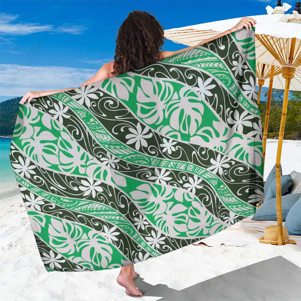 Green Monstera Tropical Leaf Print Sarong Polynesian Beach Wrap Pareo Resort Cover Up Wholesale - main view