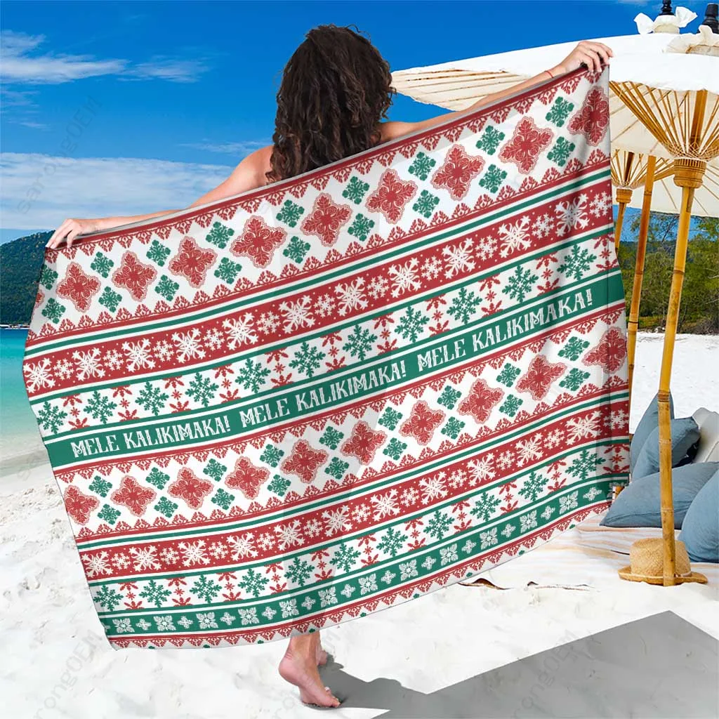 Red Green Mele Kalikimaka Hawaii Christmas Sarong Hawaiian Quilt Pattern Style Beach Wrap Wholesale Pareo - main view