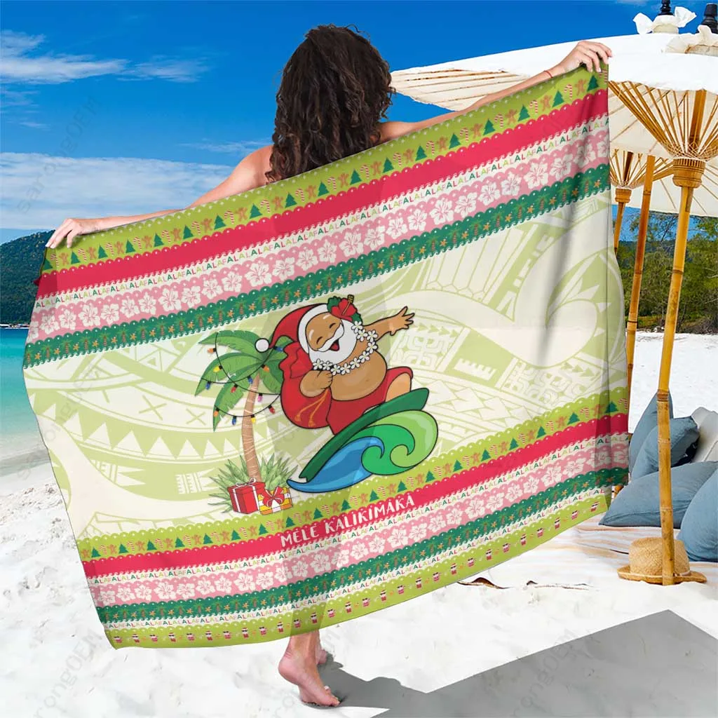 Red Mele Kalikimaka Surfing Santa Coconut Tribal Print Sarong Hawaii Polynesian Beach Wrap Wholesale Pareo - main view