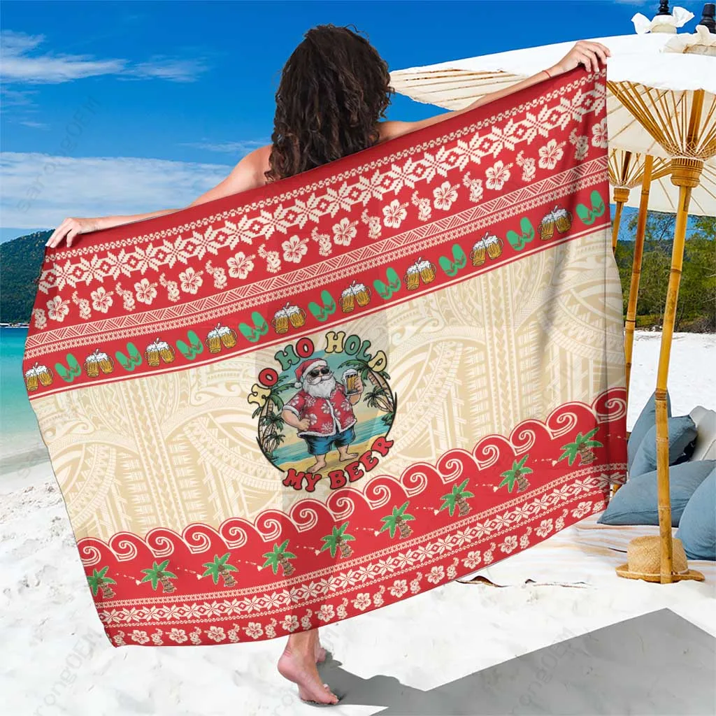 Red Hawaiian Christmas Beer Santa Tropical Print Sarong Beach Wrap Holiday Pareo Cover Up OEM - main view