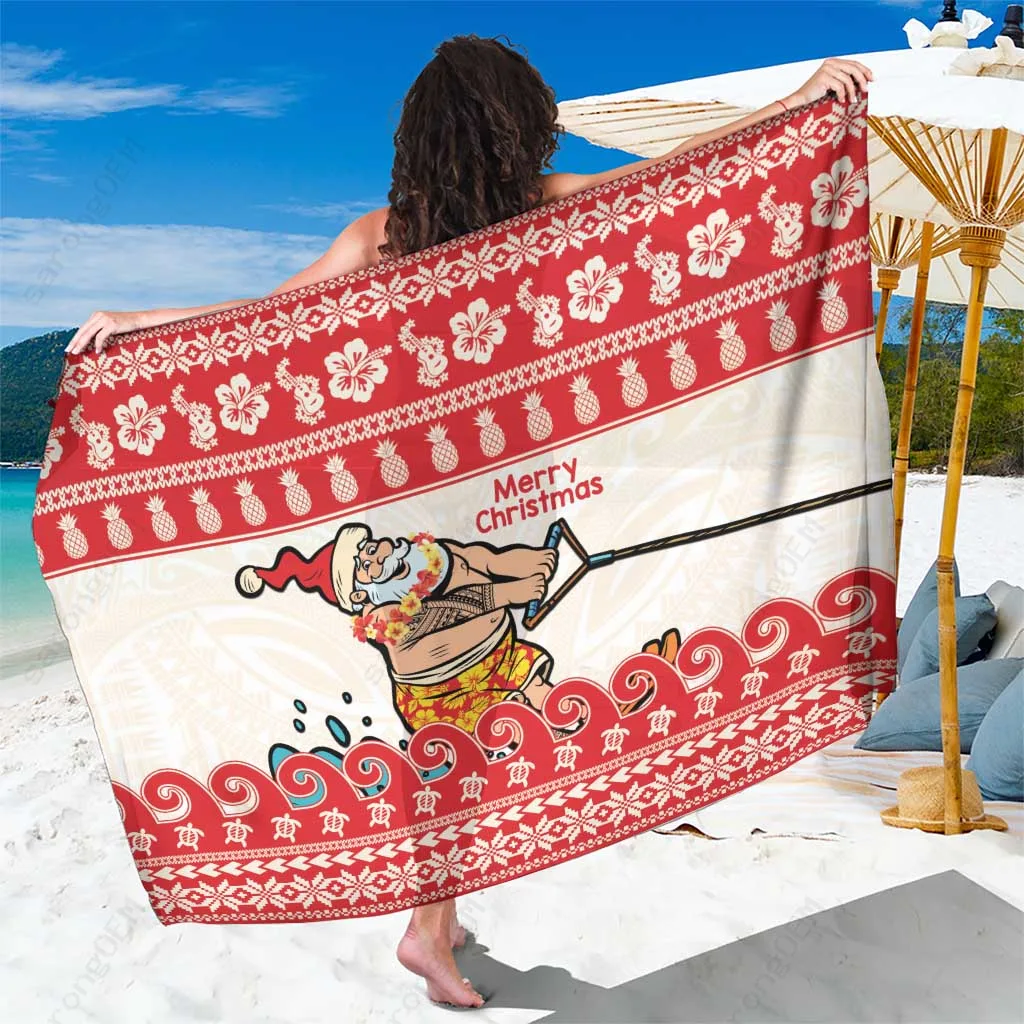 Red Green Mele Kalikimaka Hawaii Sarong Water Skiing Santa Tropical Vibes Print Beach Wrap Cover Up Wholesale Pareo - main view