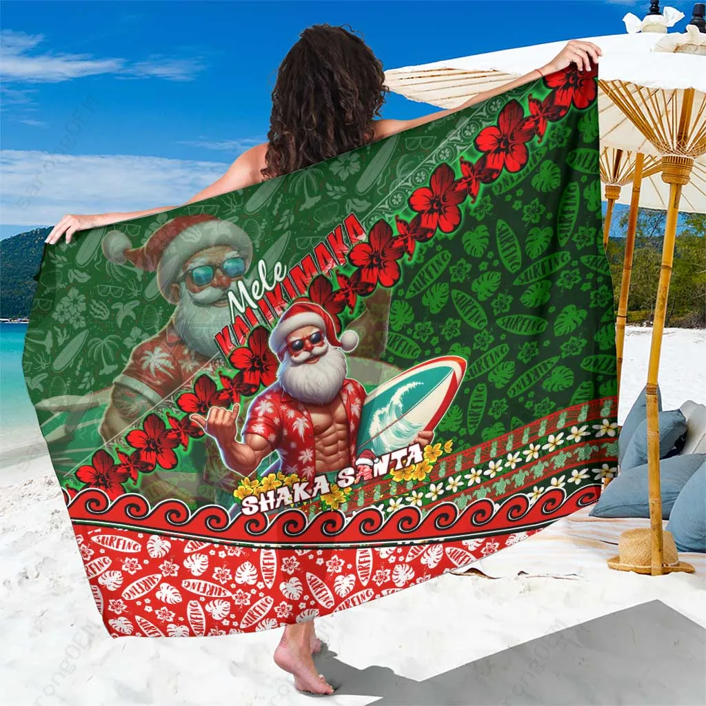 Red Green Mele Kalikimaka Shaka Santa Hibiscus Palm Print Sarong Hawaiian Christmas Beach Wrap Wholesale Pareo - main view