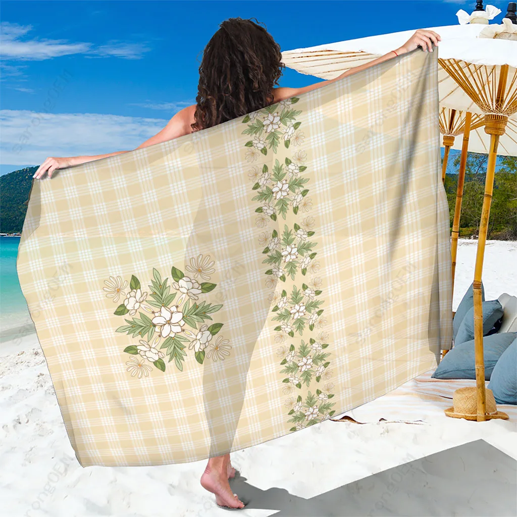 Yellow Hawaiian Floral Leaf Plaid Print Sarong Beach Wrap Tropical Island Cover Up Pareo Wholesale